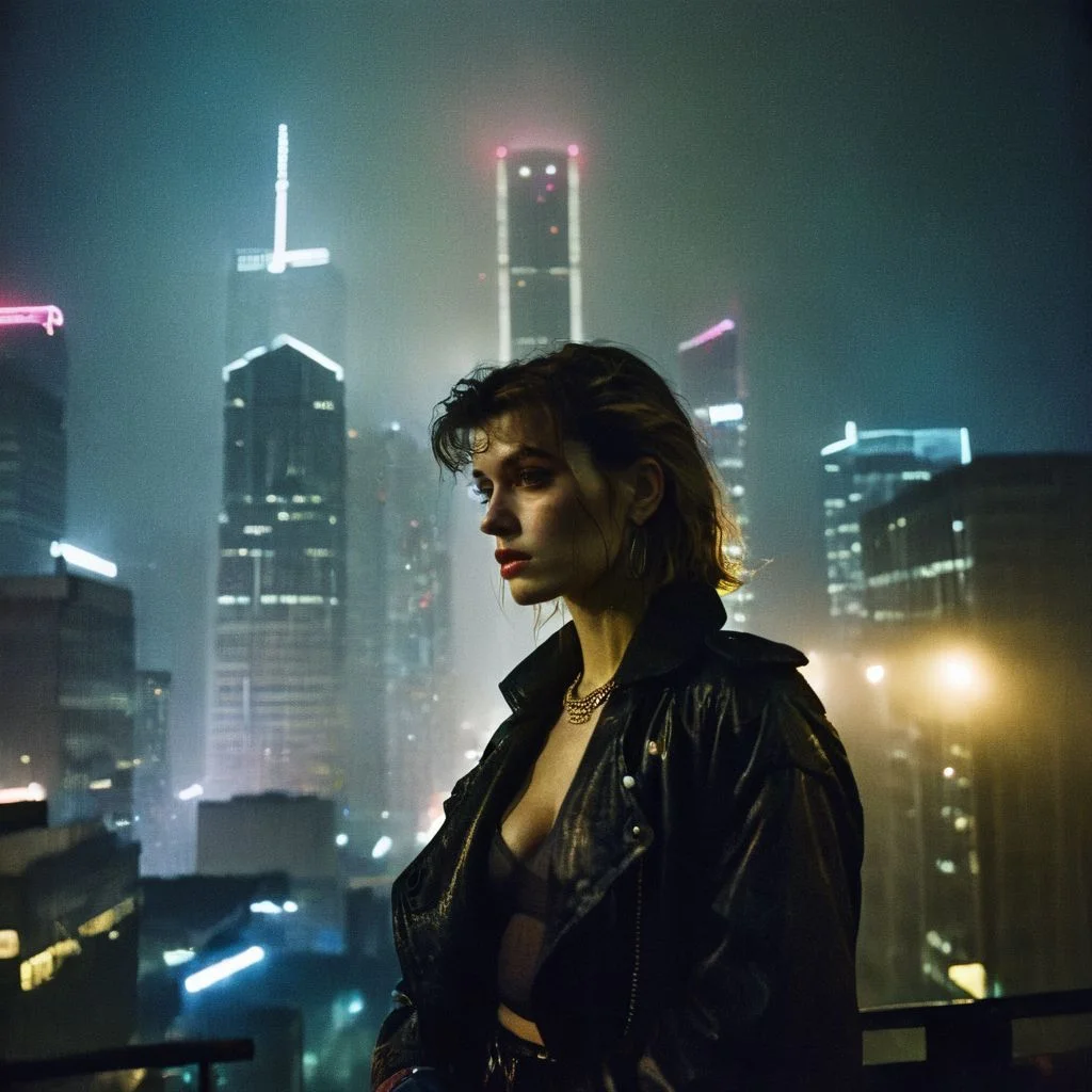 film photography style a moody picture of an 80's cyberpunk woman leaning out of a car window below a city skyline at night engulfed in dense fog at night, Low Angle, light grain <lora:FILM_PHOTOGRAPHY_STYLE-000049:1>