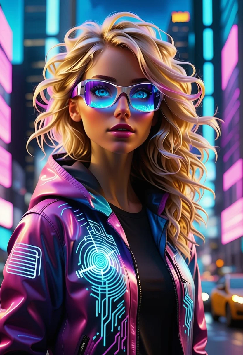 A blonde woman with striking blue eyes stands amidst the neon-drenched cityscape, the vibrant glow of pinks, purples, and blues reflecting off her sleek, high-tech jacket. Embedded LED circuits pulse subtly along the fabric, casting a soft luminescent hue against her fitted tactical top. Her gaze is sharp, framed by a pair of augmented reality glasses displaying scrolling data streams.
Behind her, towering skyscrapers covered in shifting holographic graffiti stretch into a swirling electric sky, their dynamic patterns flickering like living art. The streets hum with energy as cybernetic humans, their bodies adorned with glowing bioluminescent tattoos, move through the urban maze. Hovering vehicles streak past above, leaving behind shimmering trails of light.
To her side, a hooded street artist works on an immense mural that appears to transcend dimensions, its colors morphing and pulsating with a hypnotic rhythm. The city is aliveāfuturistic, neon noir, and bathed in cinematic lighting that turns every movement into a visual spectacle.