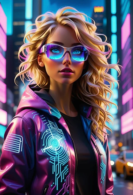 A blonde woman with striking blue eyes stands amidst the neon-drenched cityscape, the vibrant glow of pinks, purples, and blues reflecting off her sleek, high-tech jacket. Embedded LED circuits pulse subtly along the fabric, casting a soft luminescent hue against her fitted tactical top. Her gaze is sharp, framed by a pair of augmented reality glasses displaying scrolling data streams.
Behind her, towering skyscrapers covered in shifting holographic graffiti stretch into a swirling electric sky, their dynamic patterns flickering like living art. The streets hum with energy as cybernetic humans, their bodies adorned with glowing bioluminescent tattoos, move through the urban maze. Hovering vehicles streak past above, leaving behind shimmering trails of light.
To her side, a hooded street artist works on an immense mural that appears to transcend dimensions, its colors morphing and pulsating with a hypnotic rhythm. The city is alive—futuristic, neon noir, and bathed in cinematic lighting that turns every movement into a visual spectacle.