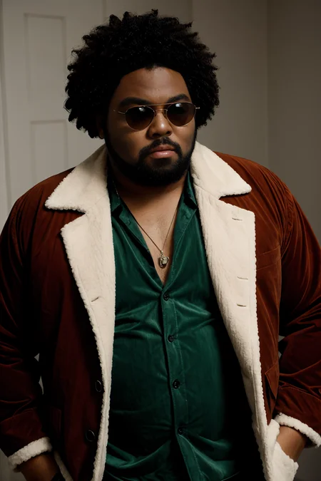 JosephOnweghi, wearing a green corduroy jacket, afro hair, shades, silver necklace, in the 70s fashion magazine, vibrant colors
<lora:JosephOnweghiLora:1>  <lora:weight_slider_v2:0.8>