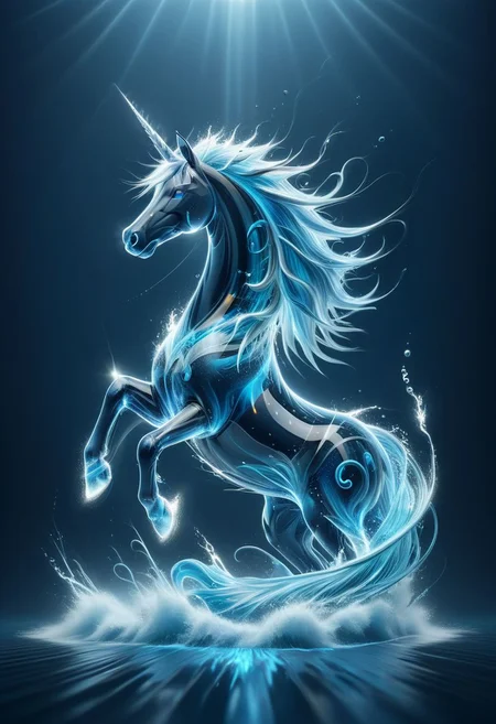 high quality, highly detailed, 8K Ultra HD, side photo, profile, unicorn creature, dynamically posed and crafted entirely from water, Its body should be a swirling mix of blue and turquoise hues, embodying the fluidity and translucency of water. water glowing inside, Surround the creature with splashes and droplets to emphasize its aquatic nature. The background dramatic dreamy sunny forest, light rays, light goes through the water, resembling dispersed water. render realistic lighting and shadows, giving depth to the watery form, volumetric lighting, ral-elctryzt water made skinny elegant , by yukisakura, awesome full color, transparent, blue, made of water, ral-elctryzt, ral-crztlgls