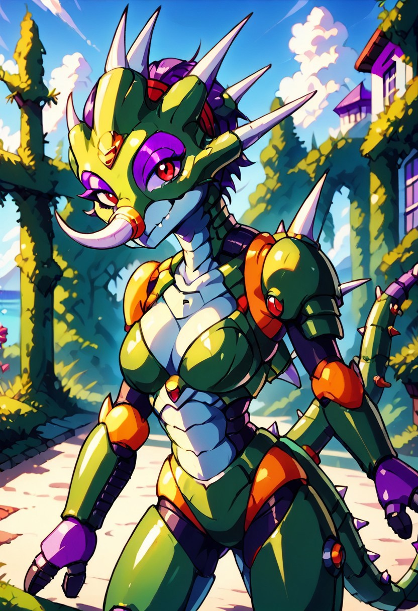 score_9, score_8_up, score_7_up, cowboy shot, sting chameleon, mmx, red eyes, spikes on tail, green armor, reptilian, reptile, armored animal, maverick, robotic, female, genderbending, sexy, looking at viewer, (breasts:1.2), smug smile, feminine eyelashes, blue skies, 1girl, (purple eyeshadow:1.6), hair, chameleon form, Artifyber_style, kind, calm, cute pose, no human, solo, no hair