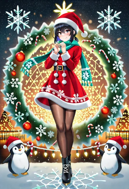 Animal Christmas, masterpiece, best quality, (Penguin in Santa hat, scarf, ice skating on ice ring), Christmas tree, snowflakes, holiday decorations, glowing lantern, candy cane, warm lights, ice backdrop, polar night, cheerful mood