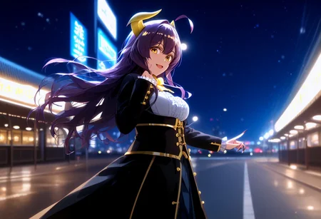 score_9, score_8_up, score_7_up, score_6_up, score_5_up, score_4_up, source_anime great lighting,detailed eyes,detailed HAIR,high definition eyes,
MagiaBaiser_Full, long hair, yellow eyes, ahoge, purple hair, facial mark, demon girl, magical girl, sharp fingernails, lheart ahoge, yellow horns,
lips,cute,thick thigh,black thighhigh,black coat, dark blue skirt on hip, frilled shirt,center frills,long sleeves,medium breasts,underbust, holding, standing, outdoors,  blurry, from side,blurry background, night, depth of field, dynamic pose,crazy smile, teasing,NIGHT, city, downlight，  train station,turning back,looking at viewer, black highheel,girl on right position,relax,,arms open,weight,full_body,fuzichoco_style,colorful,fFaceDetail,