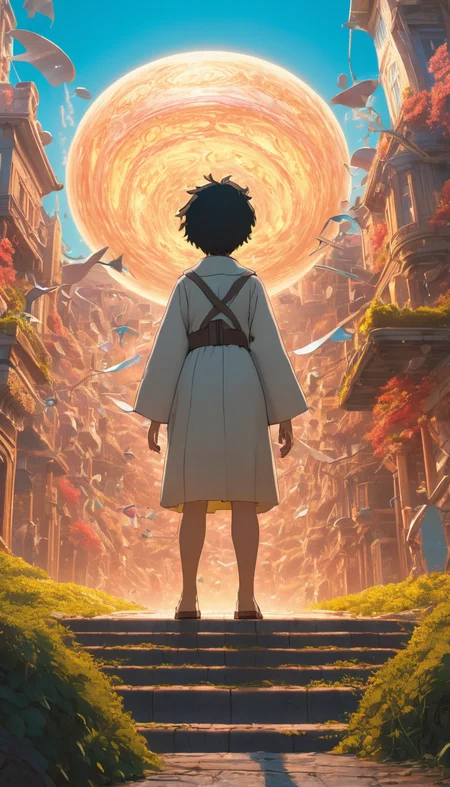 Science fiction, fantasy, extremely beautiful piercing eyes, cinematic scene, hero view, action pose, scenery, detailed background, masterpiece, best quality, high quality, intricate, absurdres, very detailed, high resolution, 8k, vivid, colorful, epic, elegant, award winning, Studio Ghibli <lora:studio_ghibli_xl_v2:1>