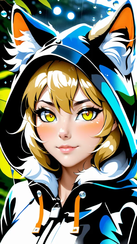furry girl, masterpiece, best quality, solo, <lora:xl_yamer_style-2.0:1>, rain, hood, animal ears, furry, hood up, 1girl, jacket, upper body, hooded jacket, closed mouth, whiskers, raincoat, cat, furry female, cat ears, orange eyes, portrait, masterpiece, best quality, medium breast, hentai waifu, witch hat, black latex clothes, photorealistic