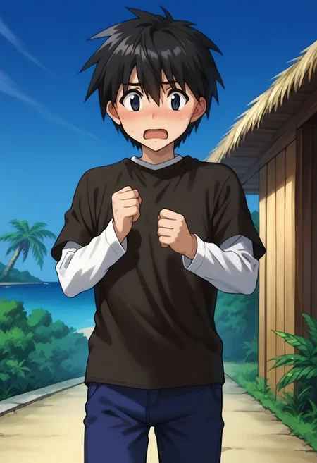 score_9, score_8_up, score_7_up, source_anime, highly detailed,
ikuto, 1boy, male focus, solo, black hair, hair between eyes, black eyes, shirt, black shirt, white shirt, short over long sleeves, pants, blue pants, open mouth, blush, embarassed, shrugging
outdoor, island, palms, sky,