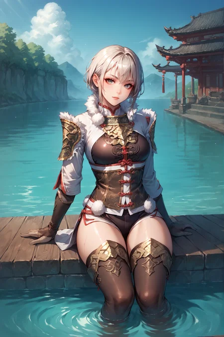 score_9, score_8_up, score_7_up, source anime, She sits on the edge of a dock, dipping her toes in the water.,<lora:Lu_Lingqi_Dynasty_Warriors:0.7>1 girl, solo, short hair, armor, gloves, fur trim, thighhighs, looking at viewer, east asian architecture
