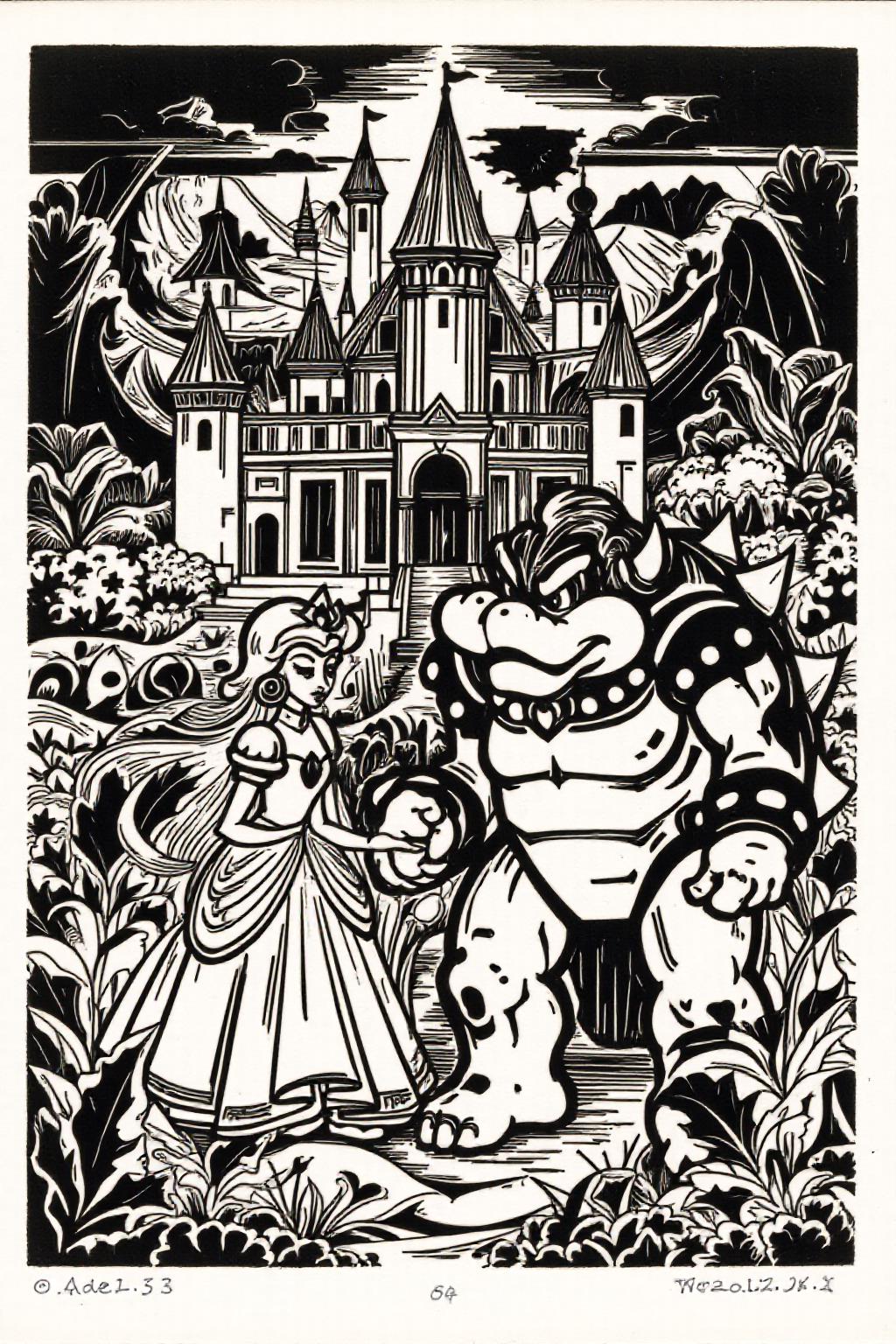 k1ooster black and white drawing of Princess Peach and Bowser in a horror castle <lora:Klooster.Border.D8A4.R15E10.ep10:1.0> <lora:Flux-Sch-SingleBlocks-BF16:1.0><lora:796082311834804252:0>
