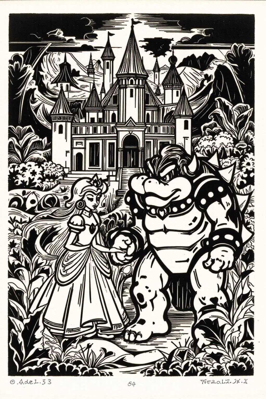 k1ooster black and white drawing of Princess Peach and Bowser in a horror castle <lora:Klooster.Border.D8A4.R15E10.ep10:1.0> <lora:Flux-Sch-SingleBlocks-BF16:1.0><lora:796082311834804252:0>