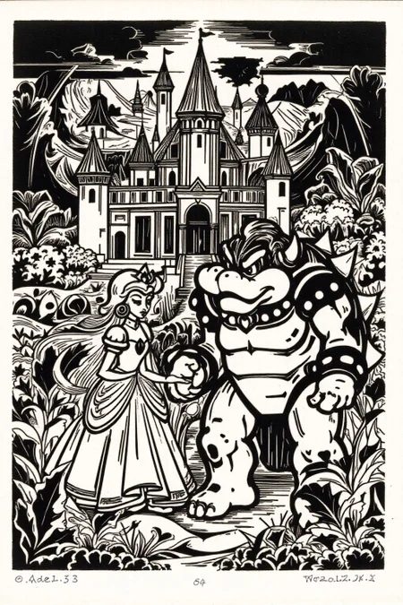 k1ooster black and white drawing of Princess Peach and Bowser in a horror castle <lora:Klooster.Border.D8A4.R15E10.ep10:1.0> <lora:Flux-Sch-SingleBlocks-BF16:1.0><lora:796082311834804252:0>