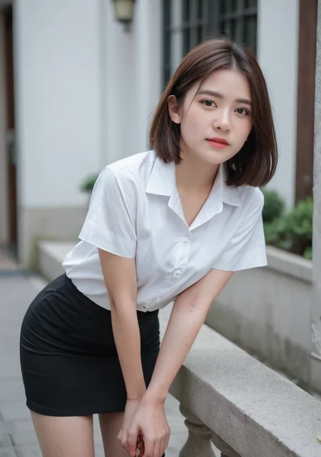 score_9,score_8_up,score_7_up,beast_quality,masterpiece,film tone,nisit, 1girl,short sleeves, white shirt, black skirt, pencil skirt ,<lora:nisit:0.7>,leaning forward,looking at viewer