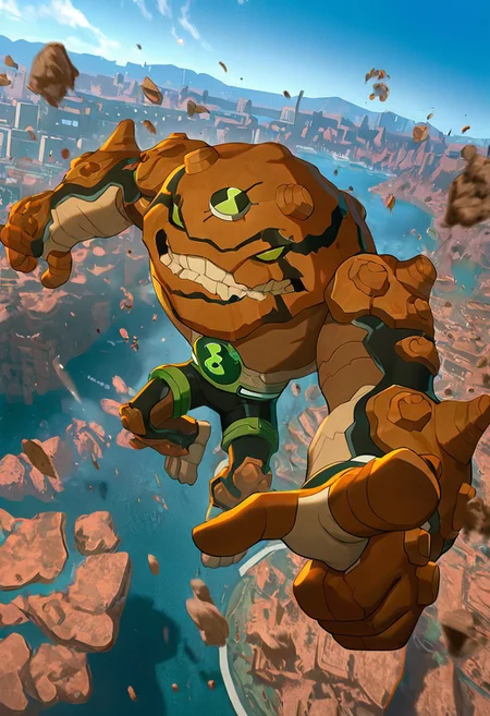 masterpiece, best quality, amazing quality, very aesthetic, absurdres, newest,, detailed background, 
 movie scene, cinematic scene, cinematic, 
gravitack, crooked teeth, 1boy, armor, monster, green eyes, solo, massive arms, big hands, brown skin, 
 fighting stance, dynamic pose, floating rocks, city, pointing,