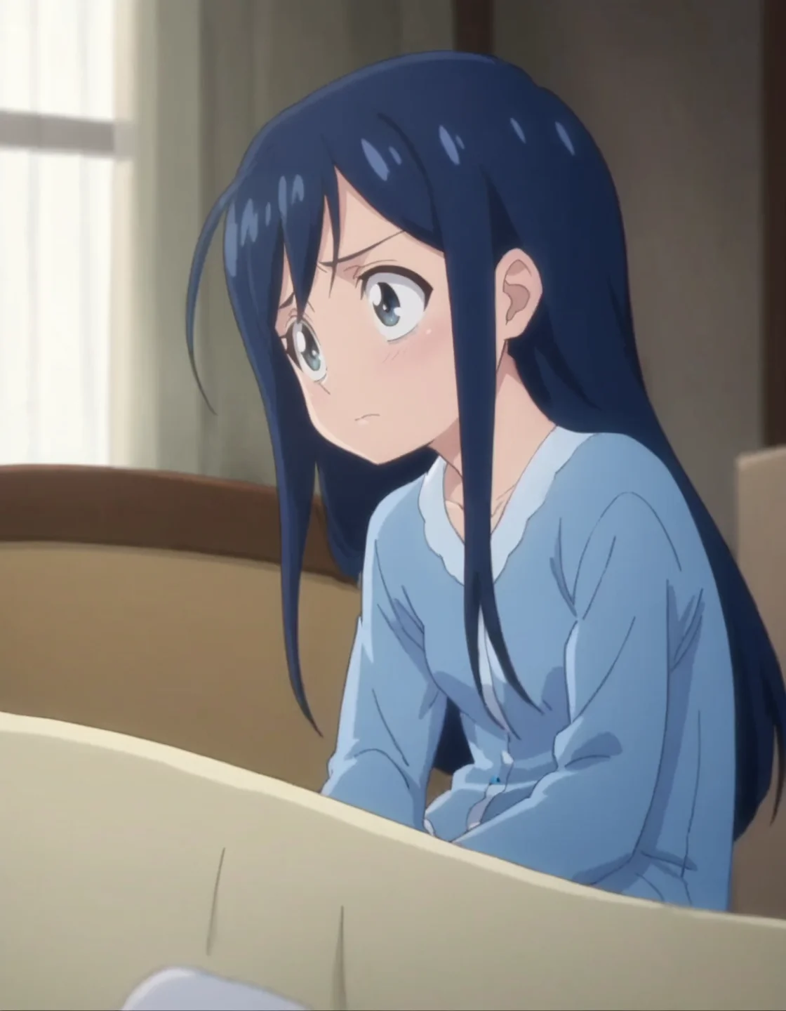 score_9, score_8_up, score_7_up, anime screencap, solo,1girl, oriharatsumugi,  sitting,blue pajamas,disappointed,sad,cowboy shot,small breasts<lora:oriharatsumugi:0.8>