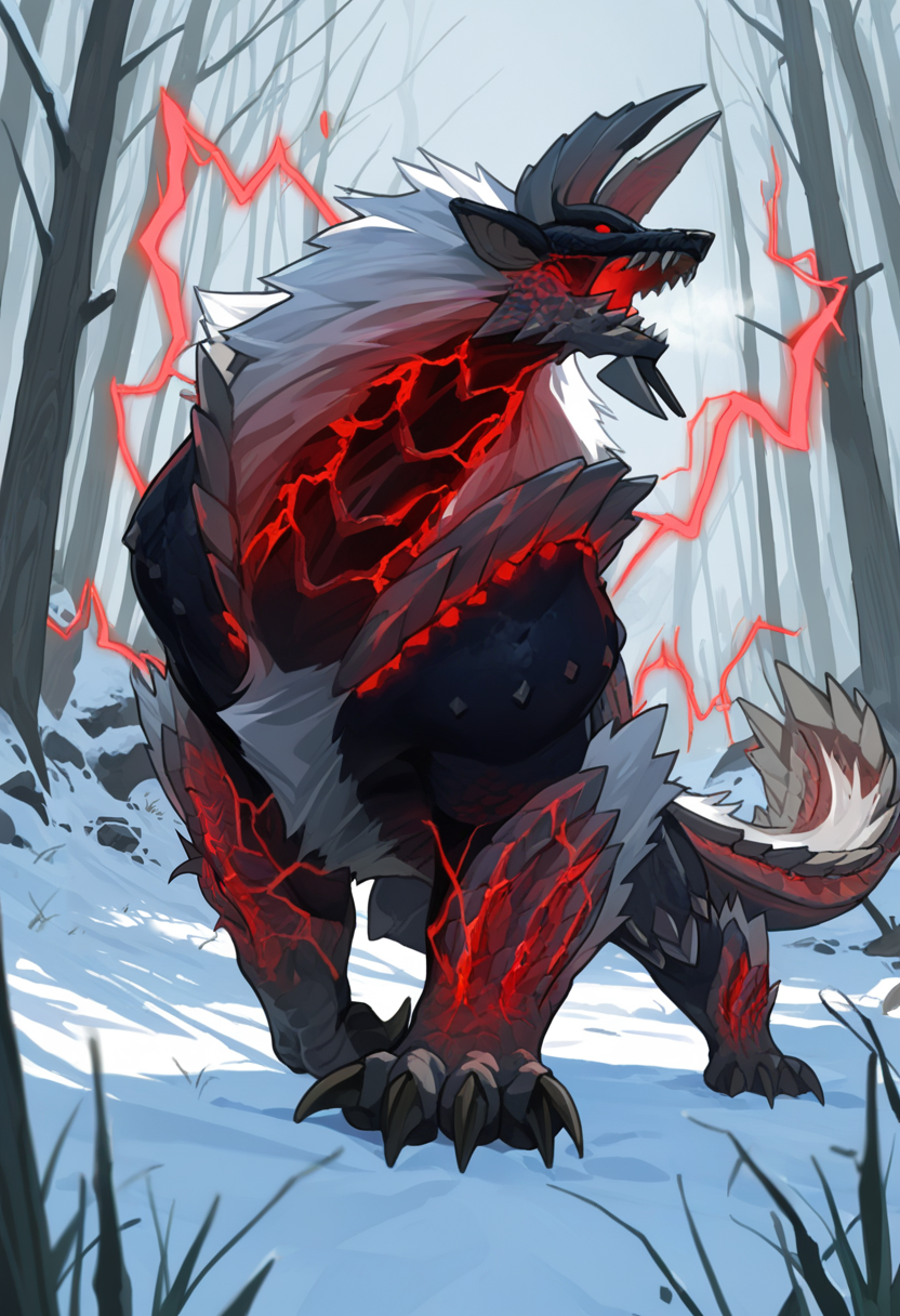<lora:MH_Zinogre_a1_14_NoobXL-eps:1>,<lora:EatSleep1111StyleSDXL11:0.7>,<lora:merrytailSDXLstyle:0.3>,eatsleep1111,merrytail,masterpiece,best quality,amazing quality,high quality,very aesthetic,absurdres,newest,shaded,digital media \(artwork\),depth of field,solo,mhzngr,feral,detailed background,forest,pose,red eyes,no sclera,red lightning,(red glowing scales),black and grey scales,snow,action pose,reaching out,