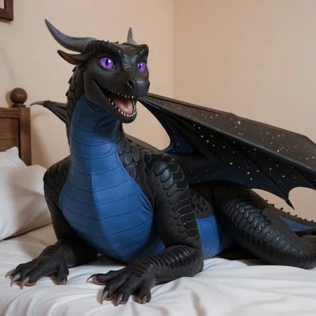 score_9, score_8_up, score_7_up, score_6_up, score_5_up, score_4_up, masterpiece, high quality, realistic, detailed, best quality, white bed, solo, rating_safe, source_furry, bedroom, smiling, open mouth smile, happy smile, happy, detailed eyes, detailed face, looking at viewer, lying on belly, Fatespeaker_wof, Nightwing_wof, dragon, claws, tail, starry wings, gray horns, black scales, blue underbelly, rounded snout, purple sclera, black slit pupils, 1girl, female