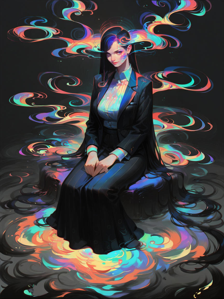 score_9, score_8_up, score_7_up, score_6_up, score_5_up,   <lora:swirlsXLP:0.7> swirls, abstract, ripples, 1girl, long hair, pretty,large breasts, colorful, suit, full body, sitting,