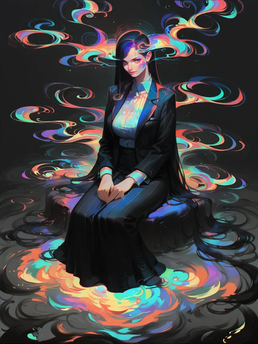 score_9, score_8_up, score_7_up, score_6_up, score_5_up, <lora:swirlsXLP:0.7> swirls, abstract, ripples, 1girl, long hair, pretty,large breasts, colorful, suit, full body, sitting,