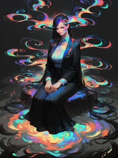 score_9, score_8_up, score_7_up, score_6_up, score_5_up,   <lora:swirlsXLP:0.7> swirls, abstract, ripples, 1girl, long hair, pretty,large breasts, colorful, suit, full body, sitting,