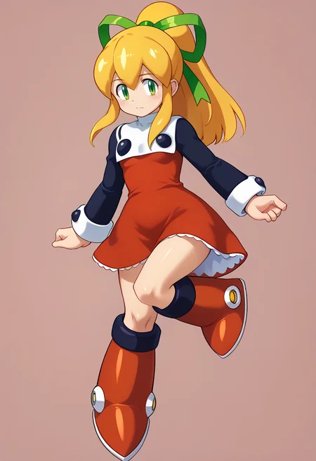1girl, solo,  <lora:RollPony:1> r0ll,roll (mega man), blonde hair, long hair, hair ribbon, ponytail, green eyes,red dress, knee boots, long sleeves ,