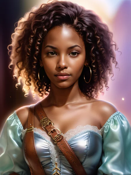 bgport style, realistic, photo, detailed pastel oil painting illustration, close up focus, light leak, reflections,
black female bard, curly hair
<lora:bgportrait4:.5>