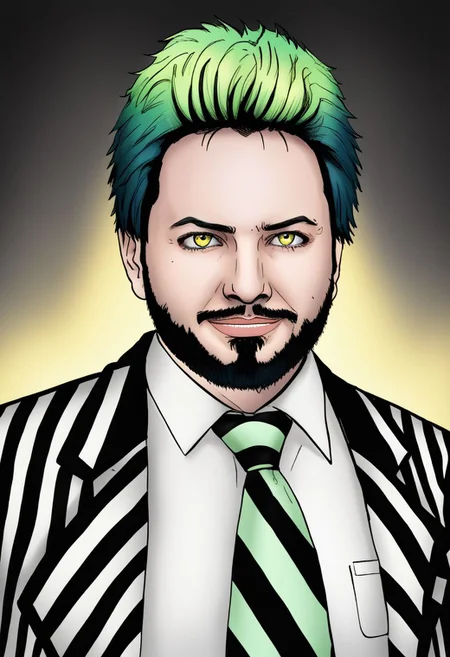 Duskfallcrew Art Style, masterpiece, official art, best quality, Alex Brightman as Beetlejuice, 1boy, male focus, solo, yellow eyes, green hair, ombre hair, beard, mustache, facial hair, black and white striped jacket, black jacket, striped jacket, white shirt, collared shirt, shirt, poltergeist vibes, prison clothes, necktie, upper teeth only, grimace, frustrated look, score_9_up, score_8_up, score_7_up, score_6_up, source_cartoon ,