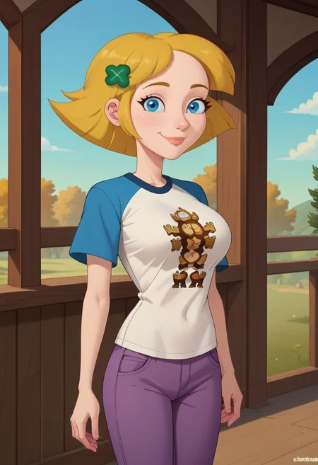 ((bedroom background)),score_9, score_8_up, score_7_up,score_6_up, 
1girl, Solo, SaraM_MM, light skin, bright blue eyes, golden blonde hair, short hair, pointed nose, green four-leaf clover hair clip, white T-shirt with light blue sleeves, logo on the shirt, deep lilac capri pants, purple sneakers, big eyes, medium stature, cute, social smile, sexy face, close-up, face photo, perfect eyes, perfect smile, looking at the viewer, big breasts