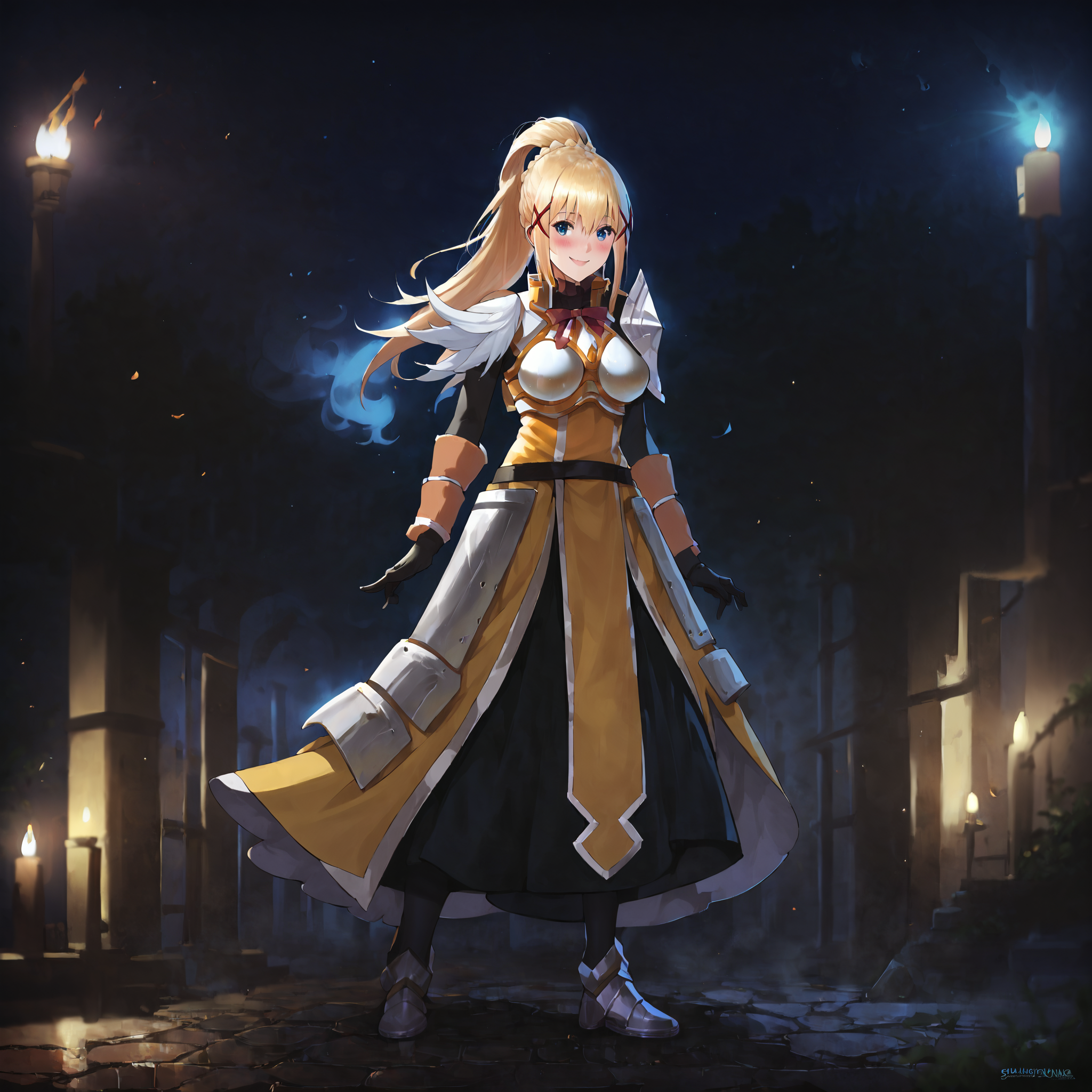 darkness \(konosuba\), 1girl,  full body, detailed, dress,  smiling ,blush, realistic,   <lora:Anime Summer Night Style SDXL_LoRA_Pony Diffusion V6 XL:0.8> dark theme, low light, armor <lora:Darkness-000004:1>, volumetric lighting, depth of field, cinematic, score_9, score_8_up, score_7_up, score_6_up, score_5_up, score_4_up,