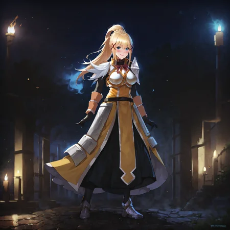 darkness \(konosuba\), 1girl,  full body, detailed, dress,  smiling ,blush, realistic,   <lora:Anime Summer Night Style SDXL_LoRA_Pony Diffusion V6 XL:0.8> dark theme, low light, armor <lora:Darkness-000004:1>, volumetric lighting, depth of field, cinematic, score_9, score_8_up, score_7_up, score_6_up, score_5_up, score_4_up,