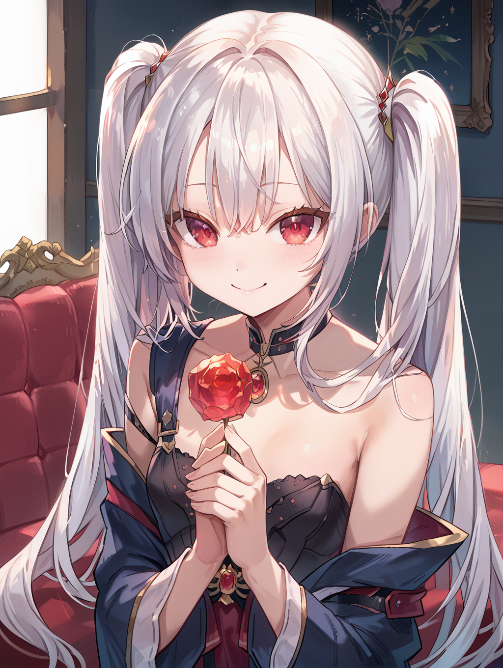 score_9, score_8_up, score_7_up,source_anime,BREAK,
frengstyle, <lora:frengstyle:0.9>
 white hair, red eyes, long hair, soft smile, straight long hair, (twintails:1.3), side bangs, frontal bangs,good_hands, soft lighting, beautiful, cute