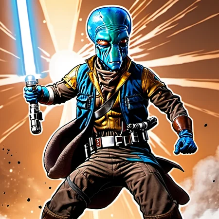 comic a male duros alien swinging a lightsaber <lora:duros_alpha2-000006:1> . graphic illustration, comic art, graphic novel art, vibrant, highly detailed