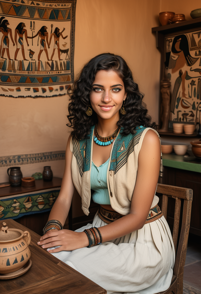 (medium full shot) of (esthetic queen from ancient egypt) young woman, Medium build, black wavy hair hair, green eyes, tan skin, egyptian makeup, wearing  Embroidered linen vest with falcon motifs, shendyt silk skirt with cow tail detail, leather sandals with turquoise stones, gold bangle bracelets anklets adorned with precious stones,   set in the ancient egypt era, in  Dining Area, Welcoming room with a low table surrounded by cushions for seating, clay dishes filled with food, decorative pottery on display, woven tapestries adorning the walls, a central hearth for cooking , at sunset, woman smiling, detailed face, ,Masterpiece,best quality, raw photo, realistic, very aesthetic