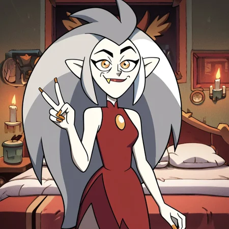 score_9, score_8_up, score_7_up, score_6_up, score_5_up, score_4_up, masterpiece, high quality, detailed, best quality, white bed, solo, rating_safe, source_cartoon, white bed, indoors, bedroom, smiling, closed mouth, seductive, v sign, standing, waving, detailed eyes, 1girl, Eda Clawthorne \(the owl house\), mature female, grey hair, long hair, pointy ears, fang, orange nails, pale skin, yellow eyes, red dress, long dress, bare shoulders, sleeveless dress, pantyhose, midriff