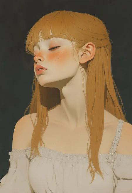 A southern pixie style young woman, she is knocked out and looks sleepy. She has long, straight thick blonde hair with bangs that partially cover her forehead. Her eyebrows are strong and thick, her mouth is closed and she looks away. Her skin is fair with freckles on her cheeks and nose, giving her a youthful appearance. She is wearing a very plain and simple, off-the-shoulder white top that exposes her shoulders and upper arms. the straps of her dress have slipped down. cool atmosphere, trailer trash style, punk attitude, shanshui, gongbihua, art by incase