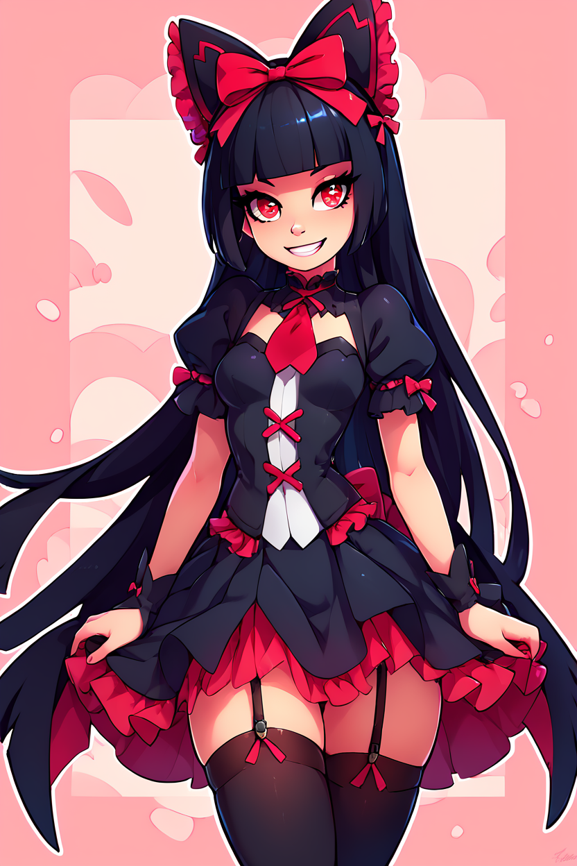 score_9, score_8_up, score_8, medium breasts, (curvy), cute, eyelashes,       BREAK, ,   zzRory, red eyes, long hair, black hair, blunt bangs, hime cut, very long hair,   hair ribbon, black dress, black thighhighs, garter straps, bow,  <lora:Rory_Mercury_PDXL:0.8>,   , BREAK, smile, looking at viewer, ,,, abstract background, white outline, cowboy shot, ,,, embedding:zPDXL, Expressiveh, ,,, <lora:theOtherHalfPDXL:0.8>, <lora:CatalystStylePDXL:0.6>, <lora:SDXLFaeTastic2400:0.5>, <lora:Expressive_H-000001:0.4>,
