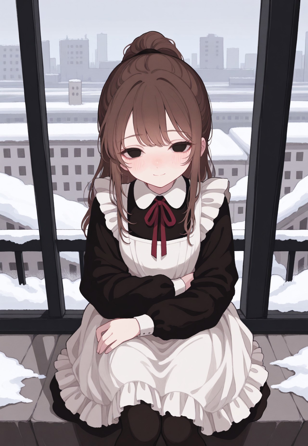 solo, detailed, ethereal, intricate details, vibrant colors, soft lines, soft brush strokes, dreamy, close shot, 


murky, snow, city, panel buildings, concrete buildings,


pov, hugging viewer, soft smile, blush, 

1girl, black solid eyes, brown hair, ponytail, long black dress, long black sleeves, white collar, red neck_ribbon, white frills, white apron, [black pantyhose, brown shoes,],

masterpiece, best quality, very aesthetic, absurdres, newest, 

(masterpiece), best quality,  

masterpiece,best quality,amazing quality, detailed, 
