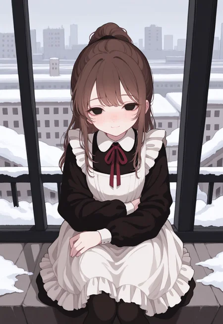 solo, detailed, ethereal, intricate details, vibrant colors, soft lines, soft brush strokes, dreamy, close shot, 


murky, snow, city, panel buildings, concrete buildings,


pov, hugging viewer, soft smile, blush, 

1girl, black solid eyes, brown hair, ponytail, long black dress, long black sleeves, white collar, red neck_ribbon, white frills, white apron, [black pantyhose, brown shoes,],

masterpiece, best quality, very aesthetic, absurdres, newest, 

(masterpiece), best quality,  

masterpiece,best quality,amazing quality, detailed, 
