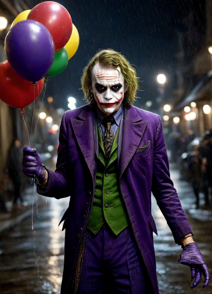 <lora:PE_Joker_DarkKnight:0.8> PEJoker, joker,
holding a bunch of balloons, heary rain, street, at night,
masterpiece, high resolution, octance 4k, high detail,
professional photo, cinematic,