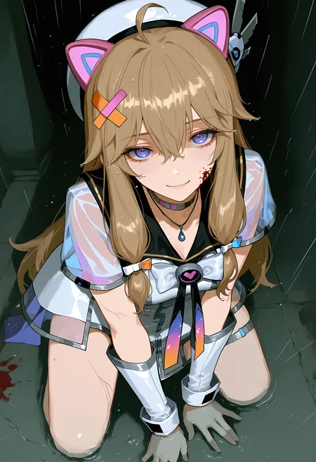 1girl,ahoge,long hair,blule eyes,brown hair,jiaran\(asoul\),jiaranezn,x hair ornament,see-through,short sleeves,fake animal ears,choker,necklace,hat,white dress,thigh strap,
748cm,
mature female,tall female,medium breasts,
wet hair,(fisheye:1.2),from above,close-up,dutch angle,detailed eyes,ringed eyes,(staring sulking:1.2),smug,looking at viewer,:\/,leaning forward,(blood on face:1.2),(blood on clothes:1.2),traditional media,eyes on background,horror theme,detailed background,blurry foreground,floating particles,dim lighting,full body,
cybernetic features,mechanical parts,cracks on face,cracks on body,metallic limbs,glowing cybernetic veins,mechanical enhancements,shattered skin,exposed machinery,dystopian feel,
glowing neon signs,vibrant neon blues,purples,reds,wet street reflecting lights,rain drops,somber mood,city in the background,water puddles,reflective surfaces,dramatic lighting,low light atmosphere,foggy haze,cool tones,high-tech urban feel,cinematic lighting,best quality,amazing quality,very aesthetic,absurdres,masterpiece,newest,
glowing eyes,crak on face,mechanical girl,broken face,
<lora:Dianatest2-000016:0.8>,<lora:748cmSDXL:0.8>,