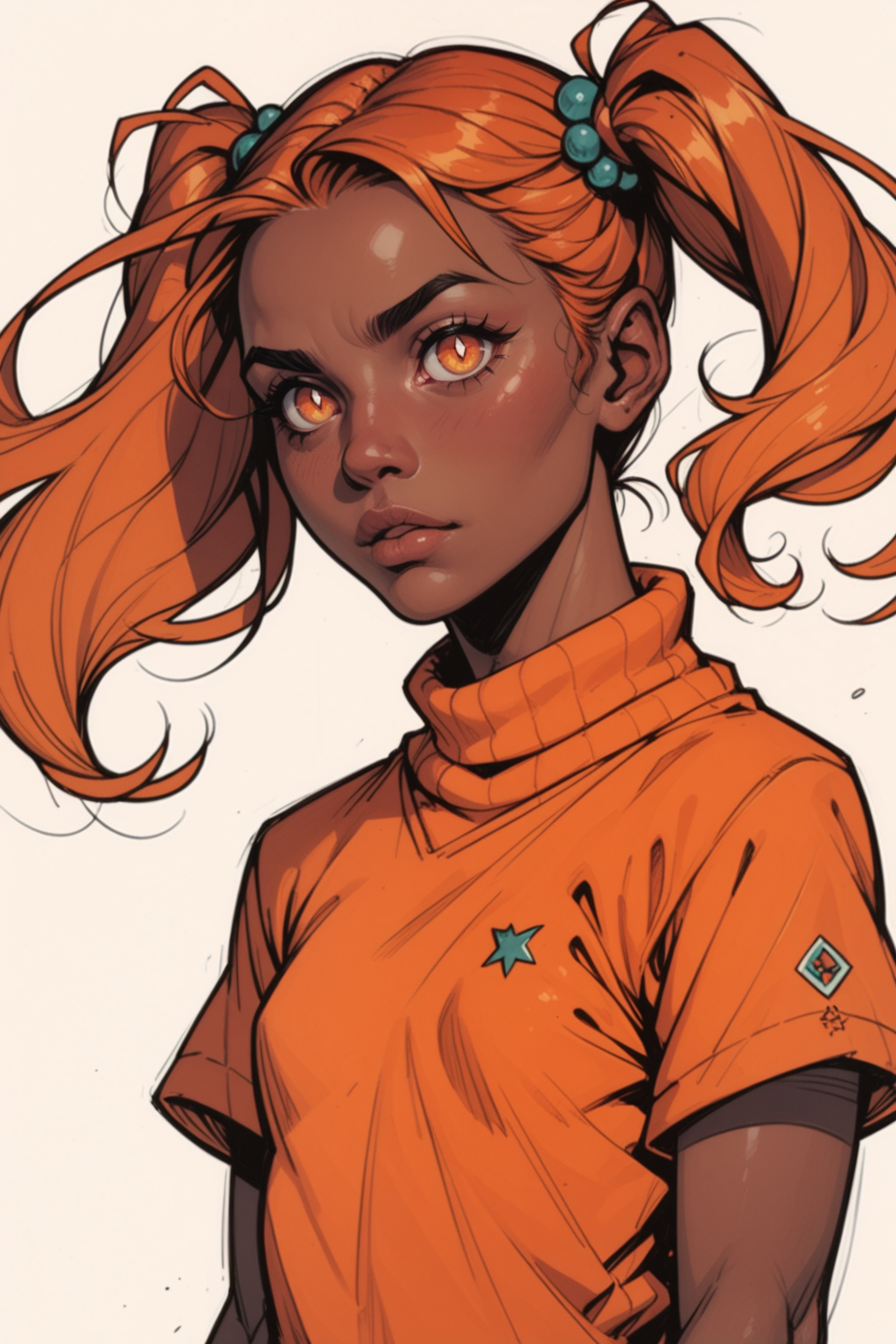 orange hair, orange eyes, orange theme, orange clothes, medium hair , twintails , small breasts, white pupils , dark skin female, dark skin , -, _, winter clothes, short sleeves, multicolor hair ,, disco,, zPDXL3, detailxl,  Score_PnyReal,