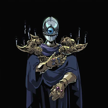 score_9, score_8_up, score_7_up, knight, wearing armor, genderless, w cloak, intricate patterns, gloves, enigmatic presence, dark background, illustrated, comic style, high contrast, vibrant colors, black background