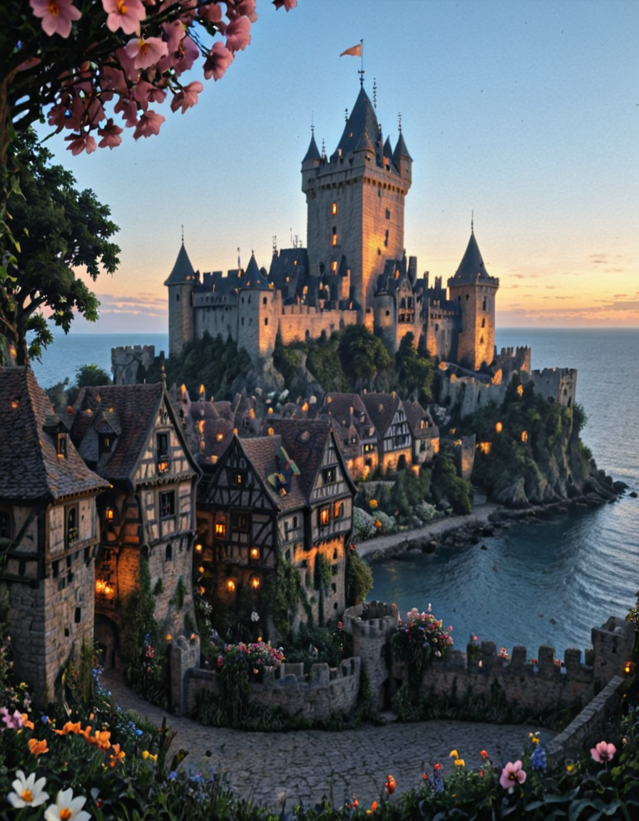 <lora:Medieval_Worlds_Specialxlb:1> medieval, very detailed, high castle in the background, illuminated, city lights, houses, vegetation, sunset, mw01out, blue sky, flowers, sea, tree, tower, photo, landcape, scenery,