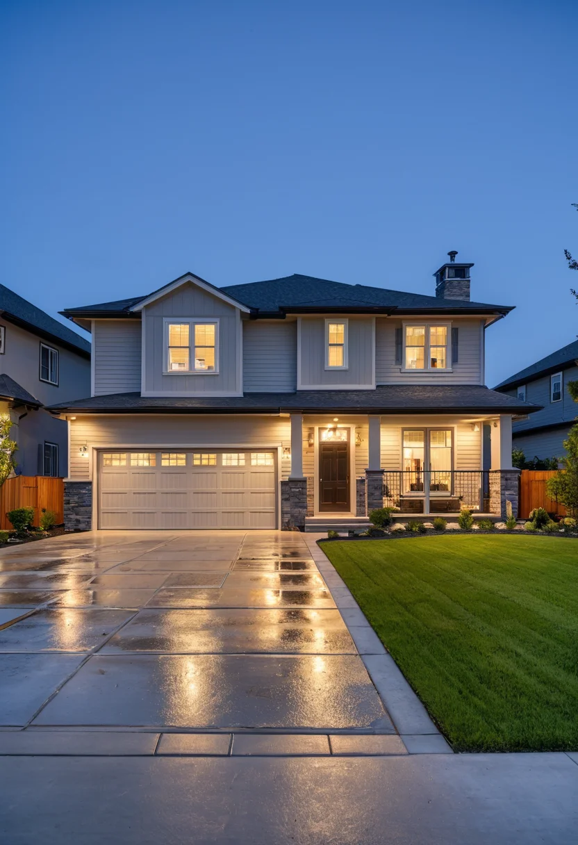 suburban house, dusk, modern architecture, two-story, garage doors, wet driveway, landscaped, front lawn, exterior lighting, clear sky, twilight hues, residential area, paved road, high dynamic range, wide angle, curb appeal, stone accents, window reflections, tranquil scene