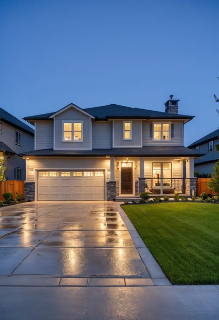 suburban house, dusk, modern architecture, two-story, garage doors, wet driveway, landscaped, front lawn, exterior lighting, clear sky, twilight hues, residential area, paved road, high dynamic range, wide angle, curb appeal, stone accents, window reflections, tranquil scene