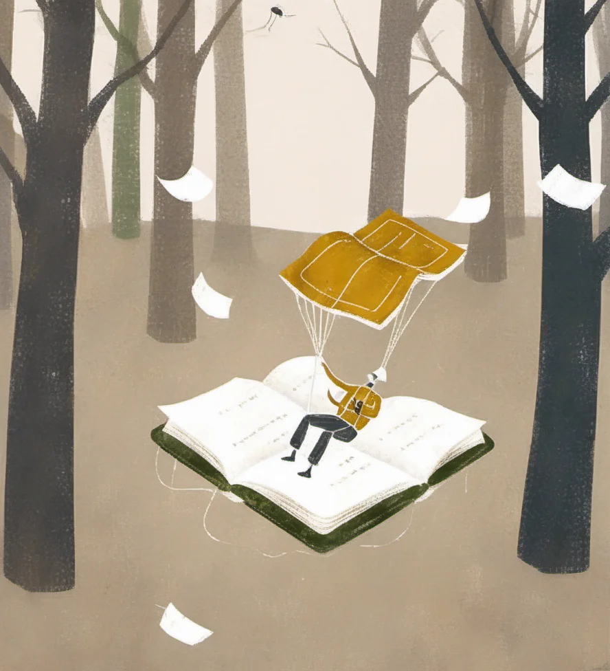 illustration,man,parachute,books,surreal,artistic,minimalistic,abstract,trees,forest,outdoors,paper,falling,reading,adventure,sketch,muted colors,earthy tones,imaginative,whimsical,forest,landscape,storytelling,creativity,simple shapes,textures,fantasy,escapism,literary,soft light,creative concept,
<lora:æ²»æ-000009:0.8>,
