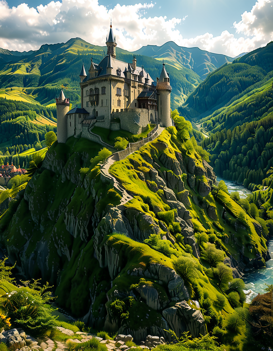 A realistic photograph of a grand medieval castle,medieval c4stl3, perched atop a rugged hill, surrounded by a scenic landscape. The castle is constructed from weathered gray stone, with tall, imposing towers, battlements, and a fortified wall encircling its perimeter. A large central keep rises above the other structures, its windows narrow and arched, evoking a sense of strength and history.
The hill is covered in patches of green grass and rocky outcrops, with a winding dirt path leading up to the castle gates. In the foreground, the surrounding countryside stretches out, dotted with small trees and wildflowers, while in the distance, rolling hills and a faint mist add depth and atmosphere to the scene. The sky above is partly cloudy, with rays of sunlight breaking through, casting dramatic shadows on the castle and hill.
The overall mood is majestic and timeless, capturing the grandeur and mystery of medieval architecture in harmony with its natural surroundings.<lora:SDXLFaeTastic2400:0.4> <lora:extremely_detailed:0.4> extremely detailed, <lora:medieval_c4stl3:1>, Masterpiece,best quality,hi res,8k,hi res,8k,award winning,(sharp focus, intricate, highly detailed),