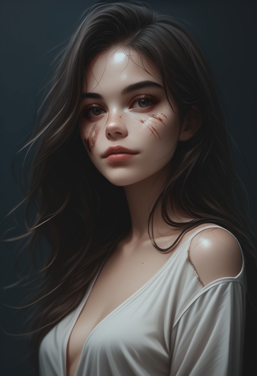 score_9, score_8_up, score_7_up, score_6_up, 1girl, solo, medium breasts, long hair, attractive, symmetrical face, soft structured facial features, (bruises and scratches:0.8), night, (european:0.6), (brazilian:0.6), d3t41l3d