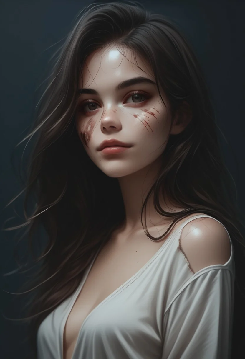 score_9, score_8_up, score_7_up, score_6_up, 1girl, solo, medium breasts, long hair, attractive, symmetrical face, soft structured facial features, (bruises and scratches:0.8), night, (european:0.6), (brazilian:0.6), d3t41l3d