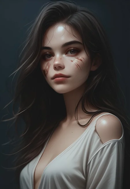 score_9, score_8_up, score_7_up, score_6_up, 1girl, solo, medium breasts, long hair, attractive, symmetrical face, soft structured facial features, (bruises and scratches:0.8), night, (european:0.6), (brazilian:0.6), d3t41l3d