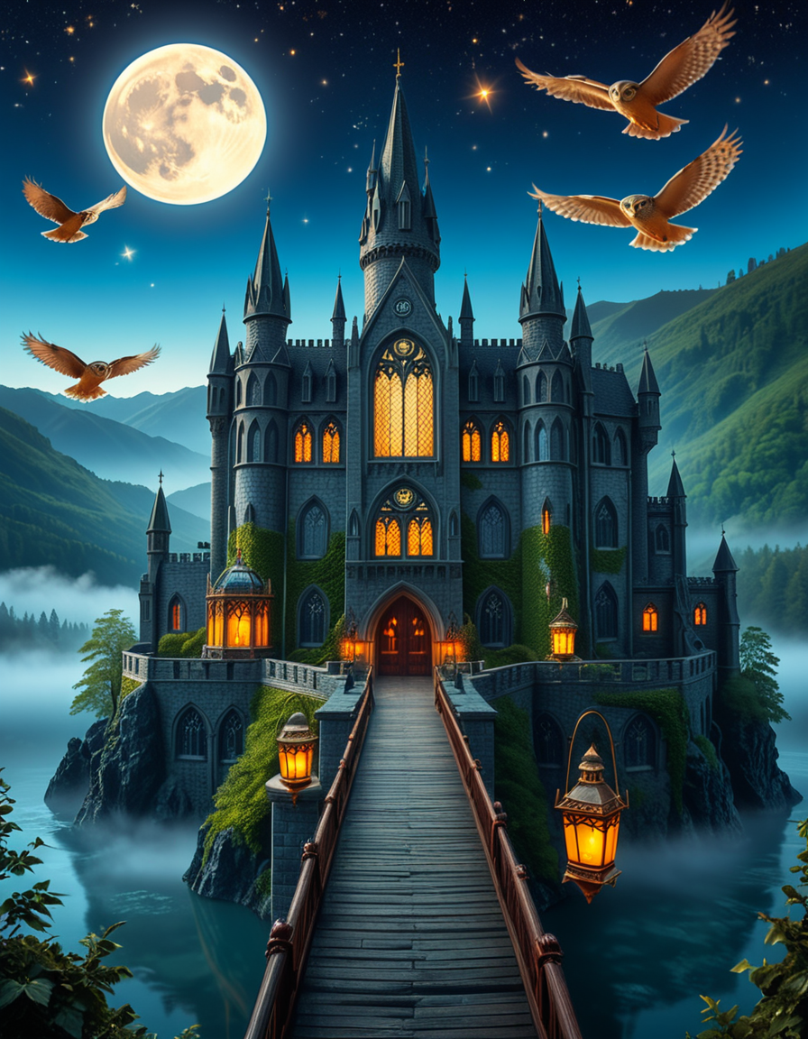 A majestic, ancient castle perched on a rocky hill, serving as a prestigious school for young wizards. The castle is a grand structure with towering spires, intricate gothic architecture, and large stained-glass windows that glow with magical energy. The stone walls are covered in ivy, and enchanted lanterns float around the entrance, casting a soft, mystical glow. A massive wooden bridge leads to the main gate, suspended over a misty, enchanted lake that reflects the moonlight. In the background, rolling green hills and dense, fog-covered forests surround the school, adding an air of mystery. The sky is a deep twilight blue, with stars twinkling and a full moon shining brightly. Some windows in the castle emit warm, golden light, hinting at classrooms filled with spellbooks and students practicing magic. A few owls are seen soaring above, delivering messages. The atmosphere is magical, mysterious, and full of wonder, as if the castle itself is alive with enchantments.
<lora:SDXLFaeTastic2400:0.4> <lora:extremely_detailed:0.4> extremely detailed, <lora:ancient_c4stl3:1>,ancient c4stl3, Masterpiece,best quality,hi res,8k,hi res,8k,award winning,(sharp focus, intricate, highly detailed),